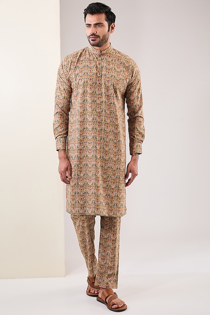 Gold & Green Crepe Printed Kurta Set by Rabani & Rakha Men